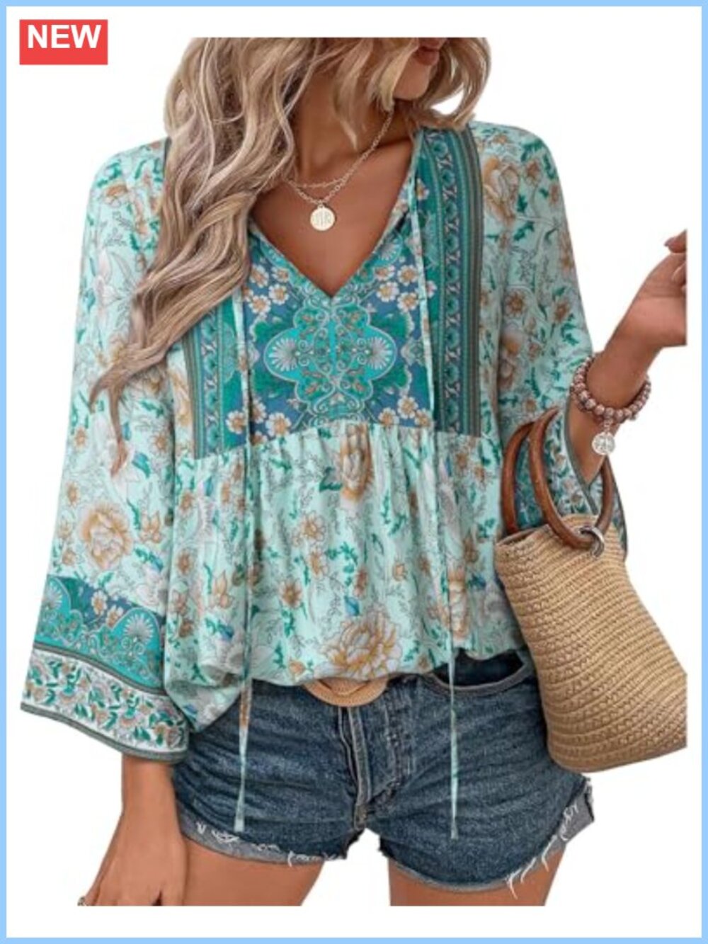 Boho Floral 3/4 Sleeve Tie Front Blouse Womens Rayon